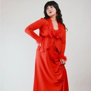 1970s dress and jacket feather collar disco dress set bright red